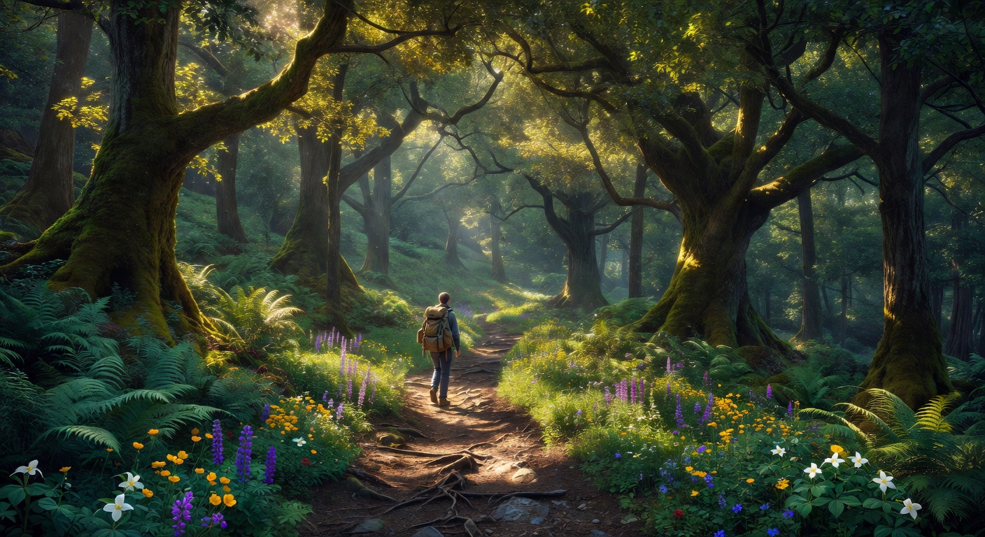 Lush forest trail surrounded by towering trees