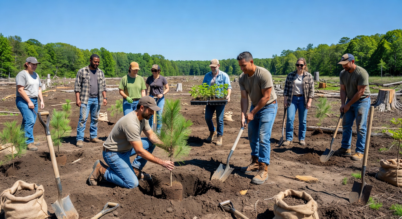 Hands planting a sapling in forest soil