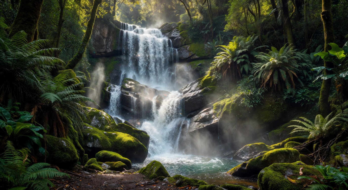 Magnificent waterfall cascading through tropical forest