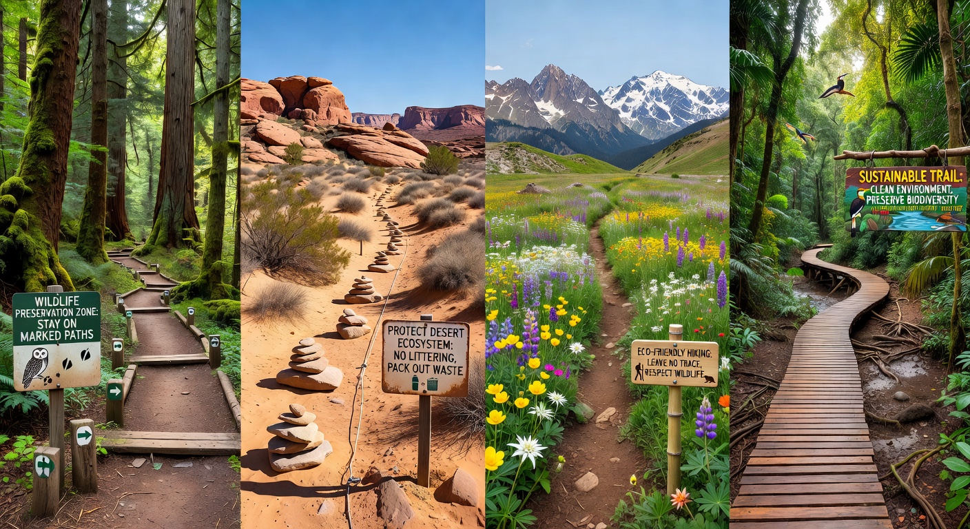 Eco hiker on a mountain trail with a light backpack