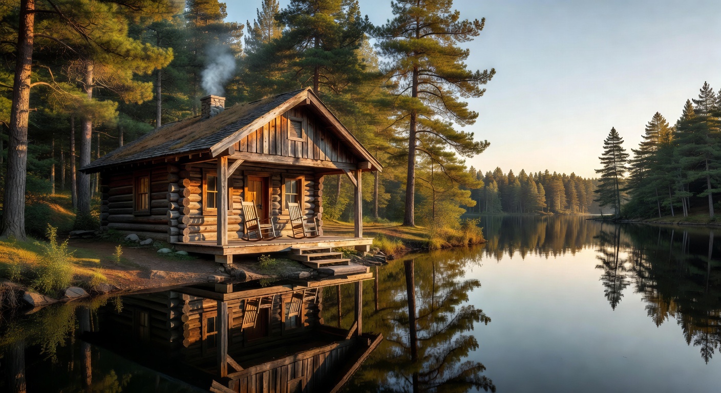 Rustic eco cabin with solar panels in mountain setting