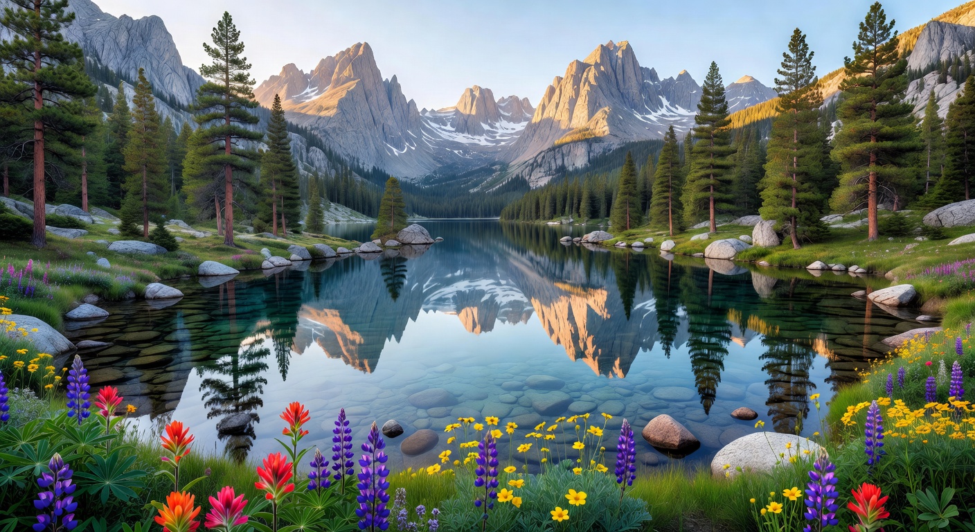 Crystal mountain lake reflecting snow-capped peaks