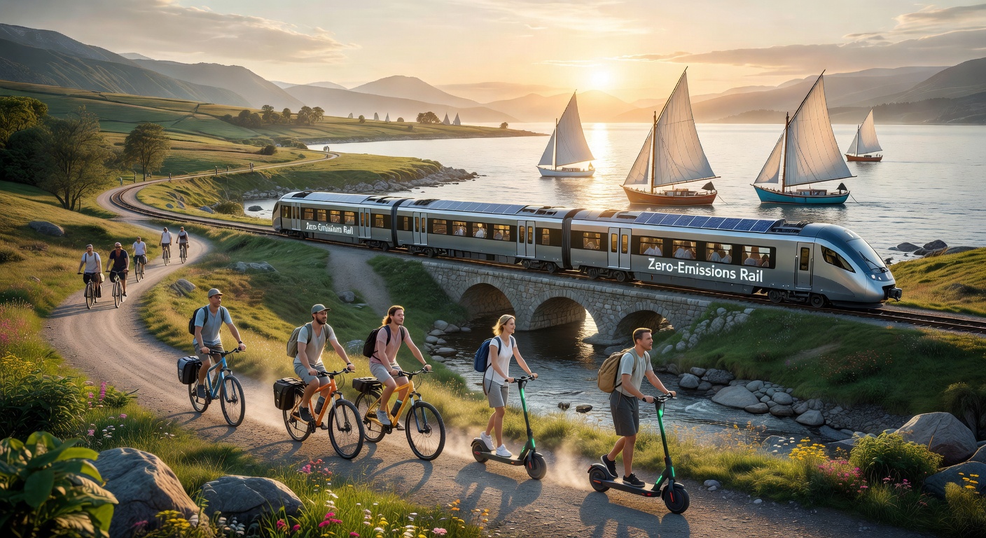 Scenic green train journey through forest landscape